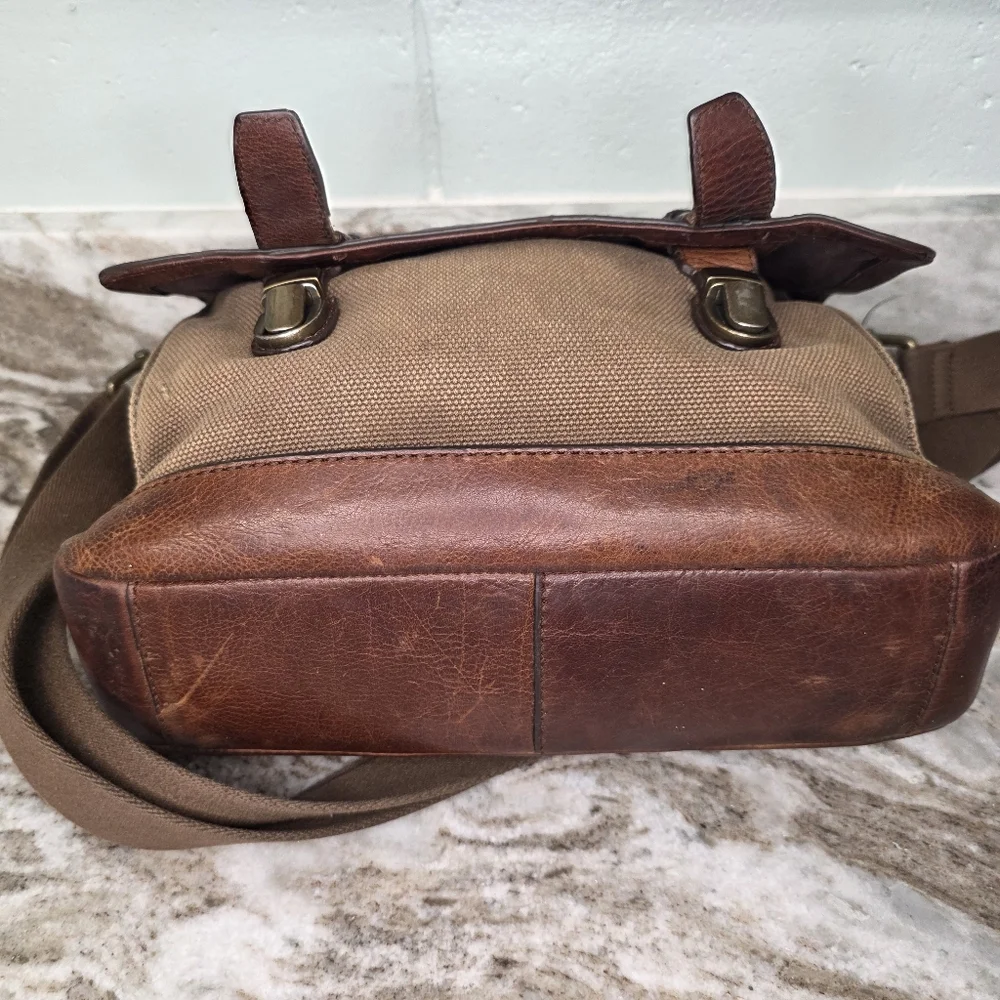 Fossil Brown Leather and Tan Canvas Messenger Bag